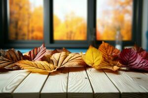 White wooden table adorned with the vibrant hues of autumn leaves AI Generated photo