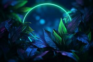 Tropical leaves shine under the enchanting glow of blue and green neon AI Generated photo