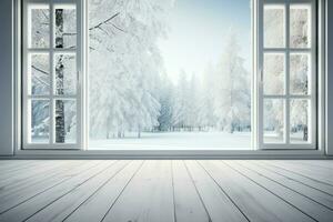 Winter landscape framed by a white wooden window, tranquil and serene AI Generated photo