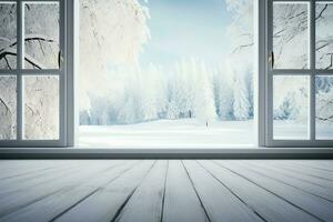 invierno paisaje enmarcado por un blanco de madera ventana, tranquilo y sereno ai generado foto