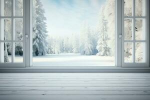 A serene winter scene viewed through a white wooden window frame AI Generated photo