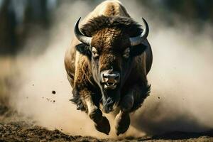 A closeup of a majestic wild bison in full stride AI Generated photo