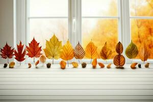 A tableau of autumn leaves arranged on a clean white table AI Generated photo