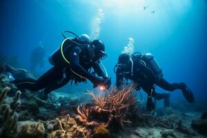 un equipo de marina expertos trabajos a reanimar un dañado coral ecosistema ai generado foto