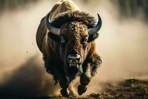 un de cerca de un majestuoso salvaje bisonte en lleno paso ai generado foto