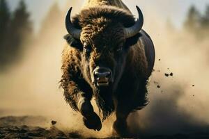 un salvaje bisonte capturado arriba cerca como eso carreras graciosamente ai generado foto
