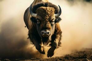 un salvaje bisonte capturado arriba cerca como eso carreras graciosamente ai generado foto