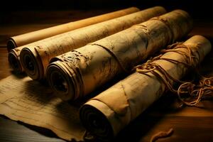 Antique scrolls tell stories of times long forgotten and treasures AI Generated photo
