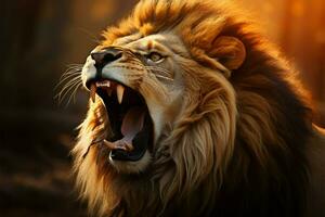 Rey de el selva, un majestuoso león rugidos con temor inspirador podría ai generado foto