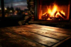 A wooden table sits near a welcoming, crackling fireplace AI Generated photo