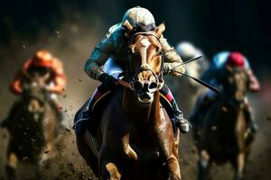 Thrilling horse racing, jockeys and horses compete for lead position AI Generated photo