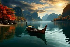 Tranquil river scene with a solitary boat gracefully sailing by AI Generated photo