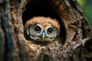 Tree hole nest reveals two curious baby owls, perfect for text AI Generated photo