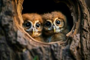 Tree hole nest reveals two curious baby owls, perfect for text AI Generated photo