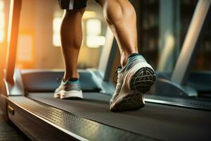 Treadmill workout Close up of a man walking at a sports club AI Generated photo