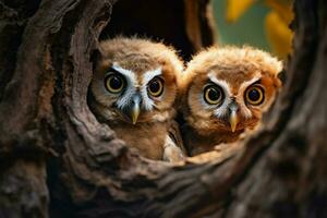 Two adorable baby owls peering from tree nest, with available space AI Generated photo