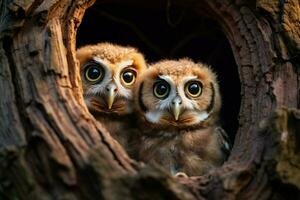 Two inquisitive owlets emerge from tree nest, providing room AI Generated photo