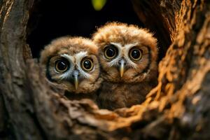 Two adorable baby owls peering from tree nest, with available space AI Generated photo