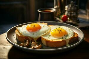 Two sunny side up eggs take center stage on the breakfast table AI Generated photo