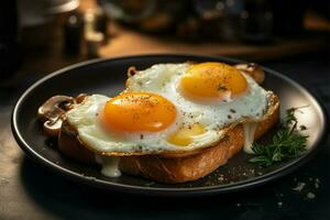 Two sunny side up eggs take center stage on the breakfast table AI Generated photo