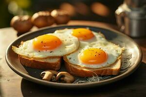 dos soleado lado arriba frito huevos gracia el Mañana desayuno mesa ai generado foto