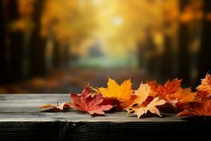 vibrante otoño hojas descanso en un rústico de madera mesa, otoño temática ai generado foto