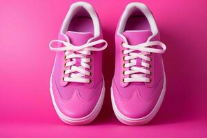 Vibrant pink sneakers stand out on a monochromatic pink backdrop AI Generated photo