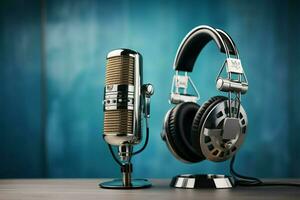 Vintage mic and headphones on table, set against a blue backdrop AI Generated photo