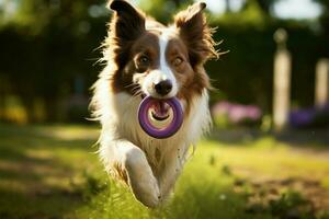 activo frontera collie sufre formación en medio de jardín alrededores ai generado foto