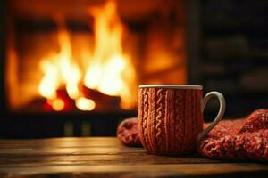 Warm fireside scene mug in a knitted mitten, creating magical coziness AI Generated photo