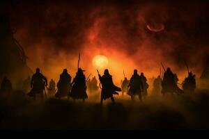 Warriors in medieval combat, silhouettes stand out against foggy backdrop AI Generated photo