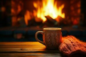 Warm fireside scene mug in a knitted mitten, creating magical coziness AI Generated photo