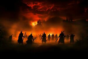 guerreros chocar en un de luna medieval choque, silueta en contra niebla ai generado foto