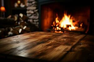 Warmth from a fireplace enhances the charm of a wooden table AI Generated photo