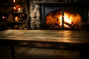 Warmth from a fireplace enhances the charm of a wooden table AI Generated photo