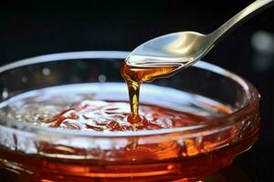 Administering medicine with care, pouring syrup onto a measuring spoon AI Generated photo