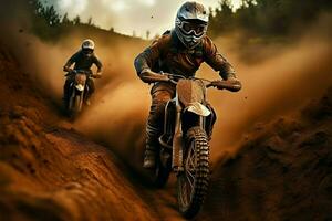 Adrenaline fueled dirt bikers competing on an action packed dirt circuit AI Generated photo