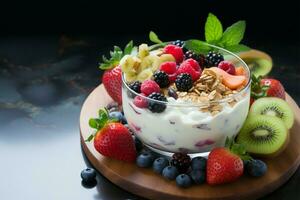 Wholesome breakfast Oat granola, yogurt, fruits, nuts on a board AI Generated photo