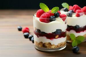 saludable bocadillo frambuesa y arándano yogur parfait con crujiente Granola ai generado foto