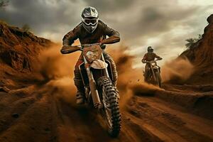 Adrenaline fueled dirt bikers competing on an action packed dirt circuit AI Generated photo