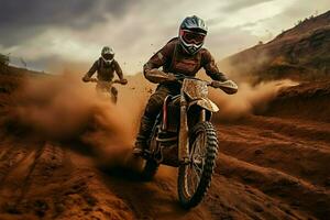 Adrenaline fueled dirt bikers competing on an action packed dirt circuit AI Generated photo