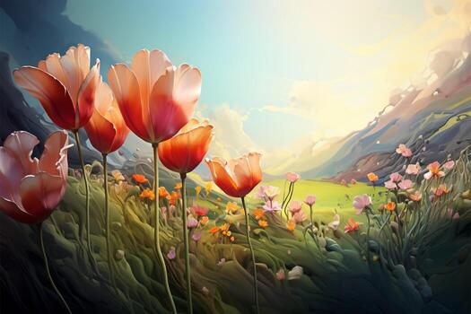 Wild tulips bloom in a serene landscape under a neural network AI Generated photo