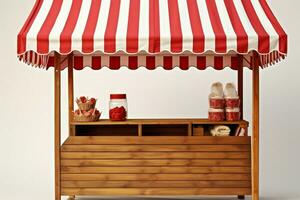 Wooden market stand featuring a classic red and white striped awning AI Generated photo
