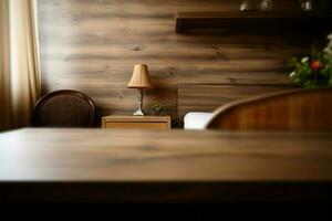 Wooden desk with empty space, set in a home interior AI Generated photo