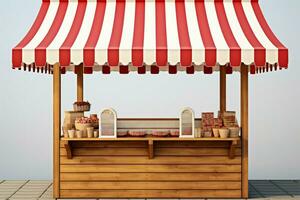 Wooden market stand featuring a classic red and white striped awning AI Generated photo