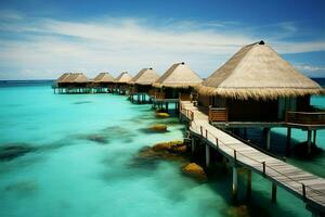 Aerial shot Maldives lavish water villas resort, wooden pier, neural network AI Generated photo