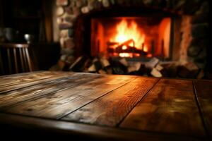 de madera mesa por un acogedor chimenea, atractivo calor y comodidad ai generado foto