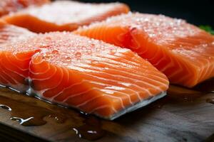 Wooden table hosts a close up of fresh, raw salmon fillets AI Generated photo