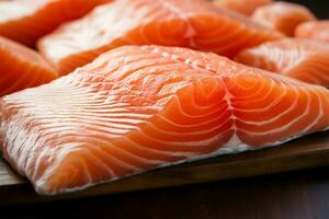 Wooden table hosts a close up of fresh, raw salmon fillets AI Generated photo