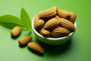 Almond on green, a vegan concept for healthy nutrition enthusiasts AI Generated photo